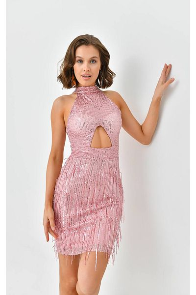 Neşeli Butik γυναικείο βραδινό φόρεμα με κρόσσια παγιέτες NBSWLL05