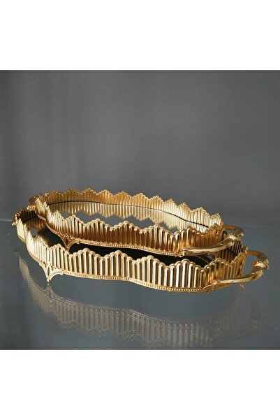 HİLALKRİSTAL Aynalı- Şık - Gold - 2 li Sunum Tepsisi Seti