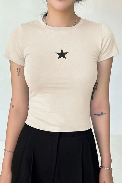 EFBUTİK Μπεζ Mini Star Crop