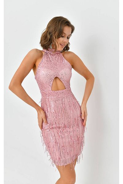 Neşeli Butik γυναικείο βραδινό φόρεμα με κρόσσια παγιέτες NBSWLL05