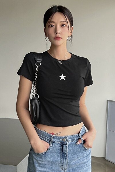 EFBUTİK Μαύρο Mini Star Crop