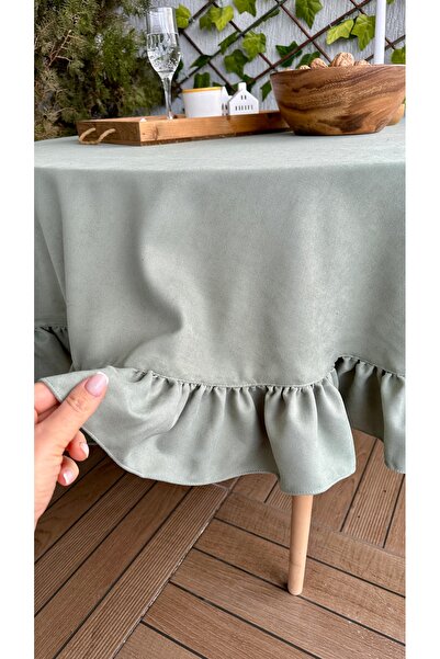 Decamor home Kadife Dokulu Vintage Çağla Yeşili Fırfırlı Yuvarlak Masa Örtüsü Dertsiz