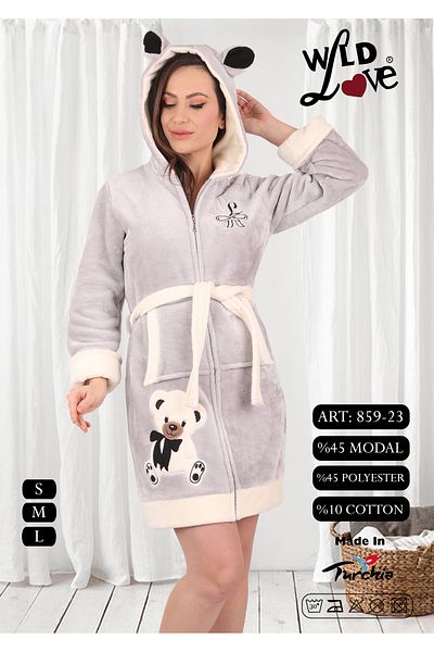 Wild Love Women's Hooded Embroidered Zippered Short Dressing Gown