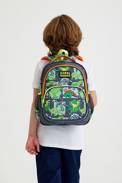Coral High Rucsac școlar cu trei compartimente pentru copii, gri verde, cu model de dinozaur 14419