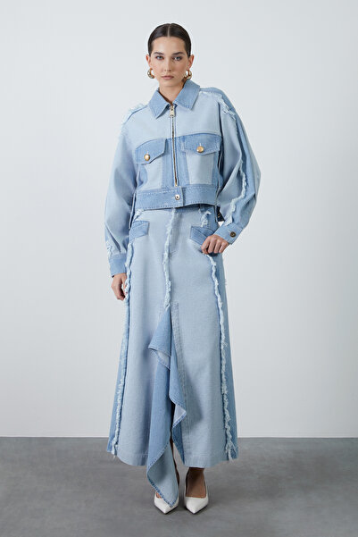 GİZİA Kol Üstü Püskül Detaylı İki Renkli Mavi Jean Ceket