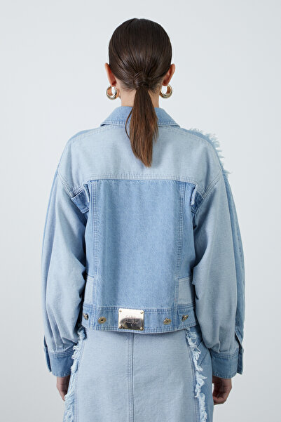 GİZİA Kol Üstü Püskül Detaylı İki Renkli Mavi Jean Ceket