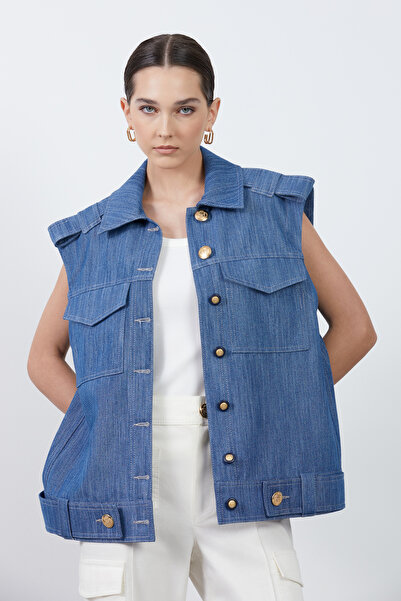 GİZİA Cep Detaylı Mavi Denim Yelek