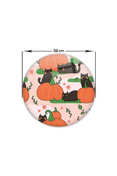 Decorita Diameter 32 Model Glass Cutting Board - Pumpkin and Cat Design