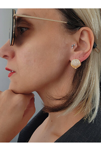 Eva Takı Midye İstiridye Figürlü Altın Kaplama Gold Renk Çelik Küpe