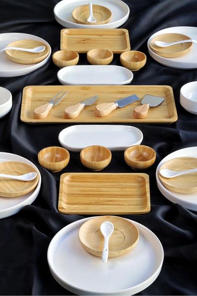 Bambum Atbyhome 6-Person 35 Piece Ceramic - Bamboo Breakfast Set - Luxury Breakfast Presentation Set