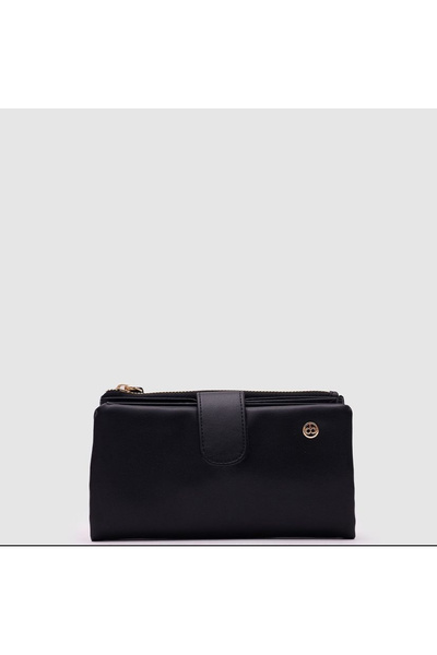 Honorius Women's Quality Zippered Passport Holder Large Size Multi-Compartment Card Holder Soft Leather Wallet Black