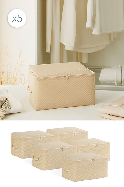 Ocean Home Textile 5 Τεμάχια Μικρού μεγέθους Μπεζ Βάση Ψαροκόκαλο Βαλίτσα Organizer Τσάντα αποθήκευσης 30x22x18