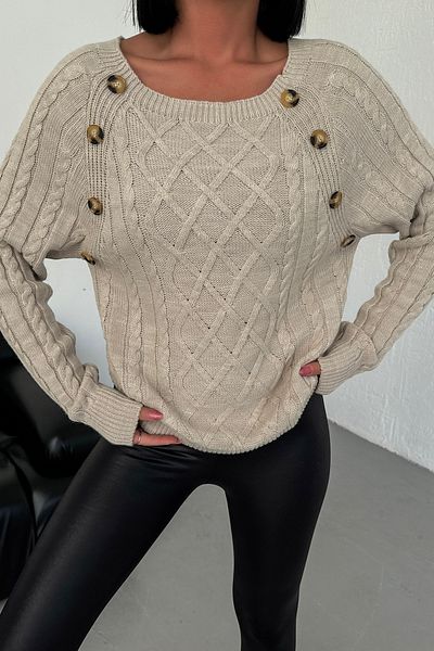 nosia fashion Дълъг дамски плетен пуловер с деколте тип „лодка“ и геометрични шарки с копчета