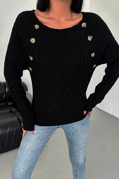 nosia fashion Pulover lung de tricotaj pentru damă, cu decolteu barcă, cu model geometric, cu detaliu cu nasturi