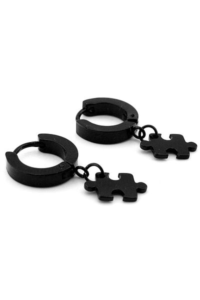 Solfera Puzzle Dangle Black Color Stainless Steel Hoop Men's Earrings ER067