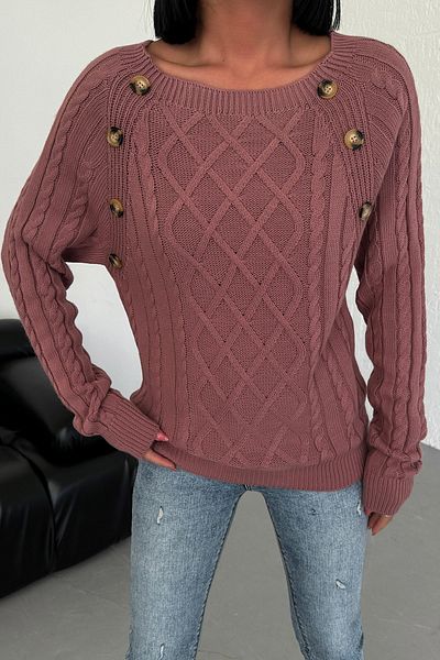 nosia fashion Дълъг дамски плетен пуловер с деколте тип „лодка“ и геометрични шарки с копчета