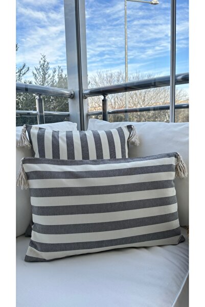 Decamor home Комплект от 2 калъфки за възглавници в цвят лен с пискюли и райе...