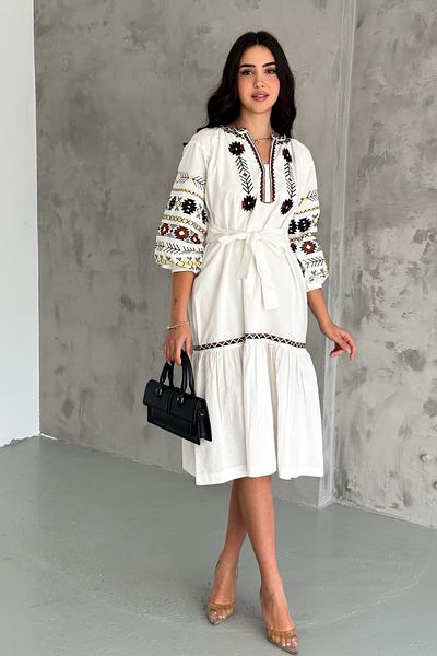 FEMELLE Women's White Belted Waist Short Sleeve Embroidered Bohemian Dress
