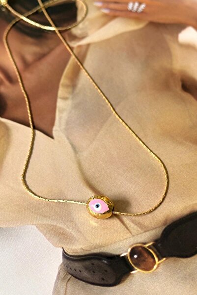 Trendy Butik Pembe Mineli Göz Model İnce Zincirli Kolye