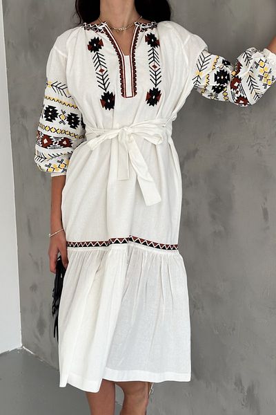 FEMELLE Women's White Belted Waist Short Sleeve Embroidered Bohemian Dress