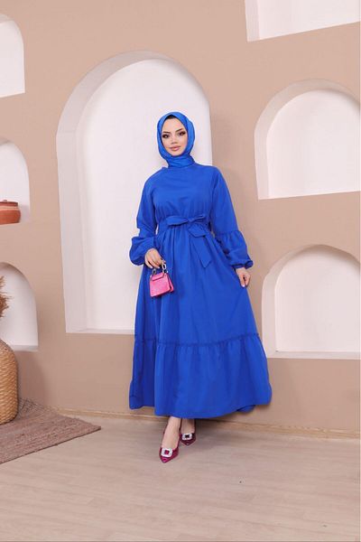 moda periy women's modest basic style summer cotton Balloon Sleeve Ruffle Hijab Dress