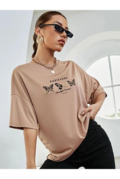 ORLONTEX Tricou oversize de damă, bej, cu imprimeu fluturi