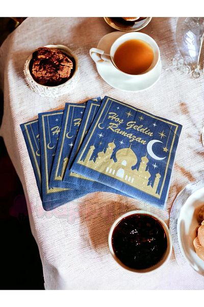 Happyland 16 Pieces of Welcome Ramadan Written Dark Blue Ramadan Napkin Ramadan Tableware Presentation Ornament