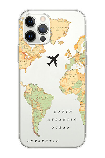 shoptocase Iphone 12 Pro Eski Dünya Haritası Desenli Şeffaf Telefon Kılıfı