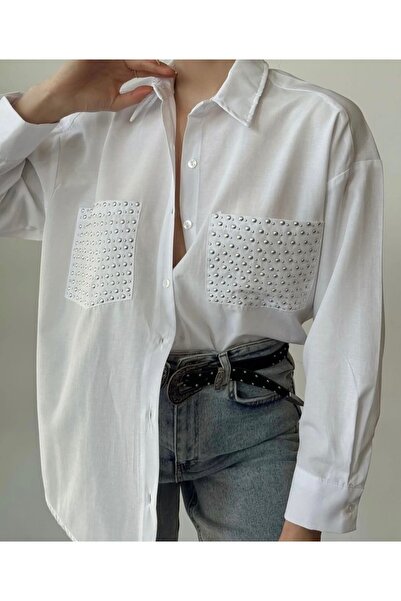 BYMEER Cămașă oversize din popelin cu bijuterii cu buzunar dublu