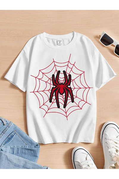 Jose Clothing Μπλουζάκι Unisex White Spider με στάμπα από οργανικό βαμβάκι Oversize με κοντό μανίκι