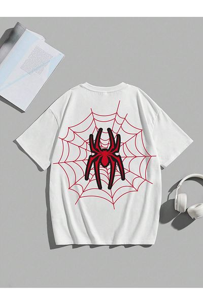 Jose Clothing Μπλουζάκι Unisex White Spider με στάμπα από οργανικό βαμβάκι Oversize με κοντό μανίκι