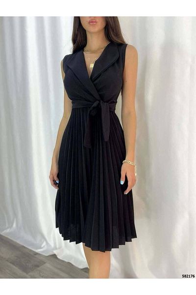 rengafashion Women's Jacket Collar Skirt Pleated Belted Crepe Dress (Color)