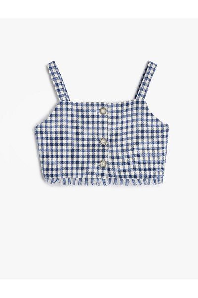 Koton Κοριτσίστικη Crop Μπλούζα με λουράκια Tweed Λεπτομέρεια με κουμπί λουλουδιών