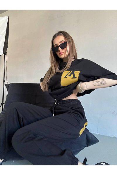 S&A Collectionn Unisex Patterned Letter Bat Short Sleeve T-Shirt Tracksuit Oversize Double Set Black