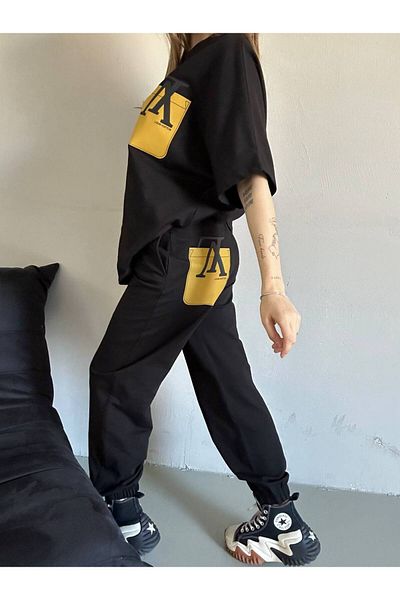 S&A Collectionn Unisex Patterned Letter Bat Short Sleeve T-Shirt Tracksuit Oversize Double Set Black