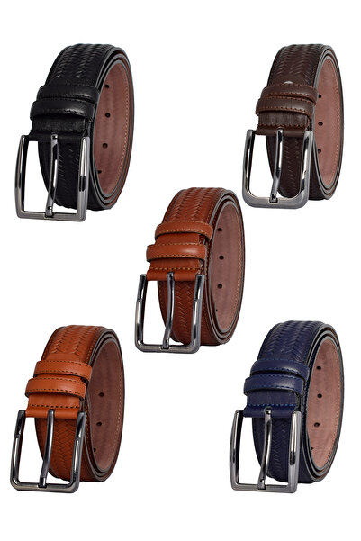 GoDeri %100 Hakiki Deri, 5'liMükemmel Set, Örgü Baskılı Kumaş Pantolon Kemeri 3.5 Cm_örgü.bas