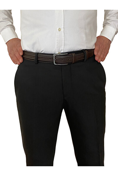 GoDeri %100 Hakiki Deri, Koyu Kahverengi Dikişli Klasik, Kumaş Pantolon Kemeri 3.5 Cm_Dikisli.Örgülü