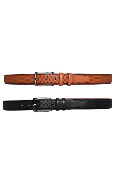 GoDeri 100% Genuine Leather, Set of 2 Black, Light Tan Stitched Dot Printed Fabric PantsBelt 3.5 cm with dots