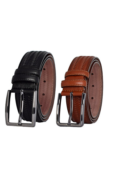GoDeri 100% Genuine Leather, Set of 2 Black, Tosado Stitched Knitted Printed Fabric PantsBelt 3.5 cm_mesh.bas