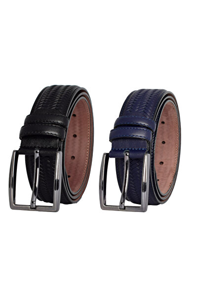 GoDeri %100 Hakiki Deri, 2'li Set Siyah, Lacivert Dikişli Örgü Baskılı Kumaş Pant. Kemeri 3.5 Cm_örgü.bas