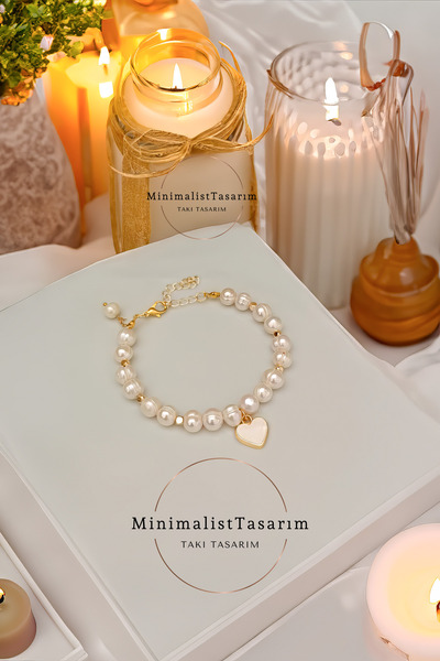 MinimalistTasarım Kalpli Gerçek Inci Bileklik ,kadın Inci Bileklik, Gerçek In...