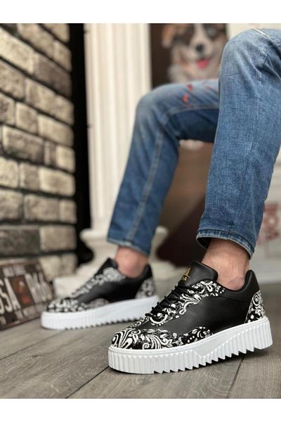 BPM BOA Gothic Patterned Black and White High Sole Men's Shoes - BA0802