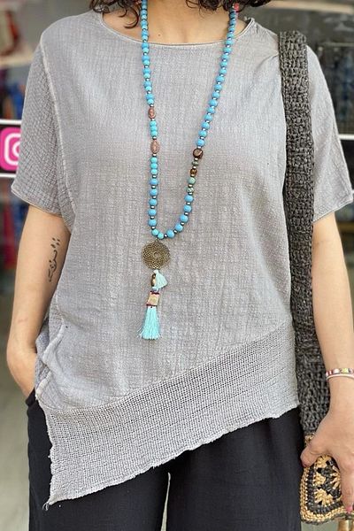 AYASOFYA OTANTIK Women's Gray Asymmetrical Mesh Detailed Linen Blouse