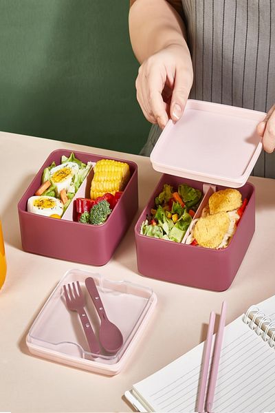 Bayev Square 2 Layers Food Storage Container Lunch Box Set Athlete Diet Student Fitness School Lunch Box
