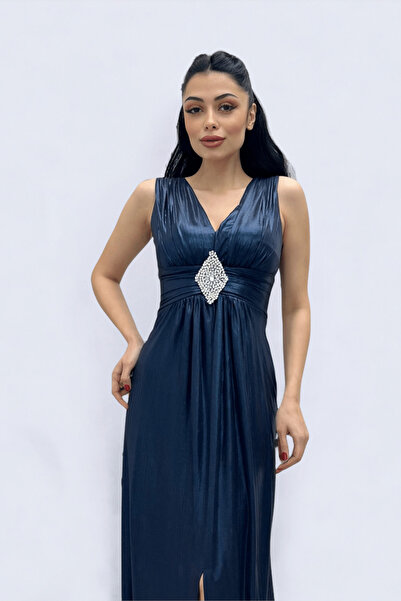 giyimmasalı Jarse Kumaş Kemeri Taş Detaylı Abiye Elbise - LACİVERT