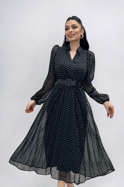 giyimmasalı Σιφόν Υφασμάτινο Πουά Λεπτομερές Πλισέ Μίντι Φόρεμα - ΜΑΥΡΟ