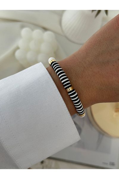 HERCY Black and White Fimo Bracelet with Gold Detail