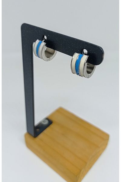 mama india alaçatı Unisex Women Men 316L Surgical Steel Blue White Enamel Diameter 14 mm 2 Pieces Hoop Earrings No:77