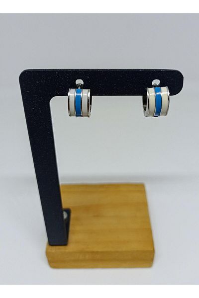 mama india alaçatı Unisex Women Men 316L Surgical Steel Blue White Enamel Diameter 14 mm 2 Pieces Hoop Earrings No:77