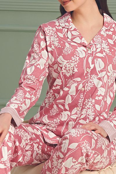 BSM High Quality Cotton Women's Pajamas Set - Patterned Rose, Long Sleeve, Neck Buttoned